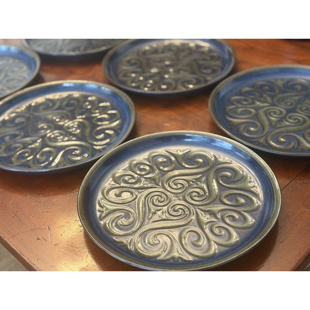 Set of 6 Denby Bokhara Kismet Blue Green Stoneware Dinner Plates 10" Scroll MCM